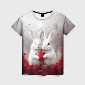 Женская футболка 3D с принтом Белые кролики с сердцем в Санкт-Петербурге, 100% полиэфир ( синтетическое хлопкоподобное полотно) | прямой крой, круглый вырез горловины, длина до линии бедер | 