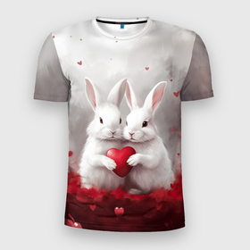 Мужская футболка 3D Slim с принтом Белые кролики с сердцем в Санкт-Петербурге, 100% полиэстер с улучшенными характеристиками | приталенный силуэт, круглая горловина, широкие плечи, сужается к линии бедра | 