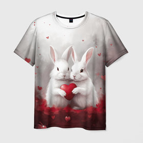Мужская футболка 3D с принтом Белые кролики с сердцем в Санкт-Петербурге, 100% полиэфир | прямой крой, круглый вырез горловины, длина до линии бедер | 