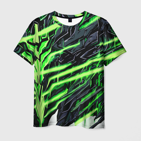 Мужская футболка 3D с принтом Агрессивный камень и зелёные полосы в Кировске, 100% полиэфир | прямой крой, круглый вырез горловины, длина до линии бедер | 