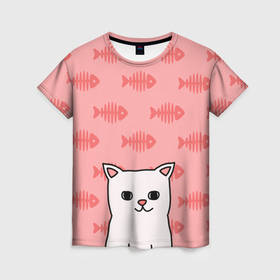 Женская футболка 3D с принтом Кот и рыбы в Кировске, 100% полиэфир ( синтетическое хлопкоподобное полотно) | прямой крой, круглый вырез горловины, длина до линии бедер | 