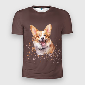 Мужская футболка 3D Slim с принтом Корги   весёлая собака в Санкт-Петербурге, 100% полиэстер с улучшенными характеристиками | приталенный силуэт, круглая горловина, широкие плечи, сужается к линии бедра | 