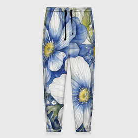 Мужские брюки 3D с принтом Голубые акварельные цветы в Санкт-Петербурге, 100% полиэстер | манжеты по низу, эластичный пояс регулируется шнурком, по бокам два кармана без застежек, внутренняя часть кармана из мелкой сетки | 