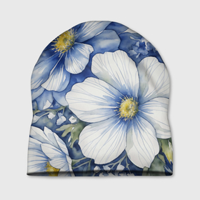 Шапка 3D с принтом Голубые акварельные цветы в Новосибирске, 100% полиэстер | универсальный размер, печать по всей поверхности изделия | Тематика изображения на принте: 