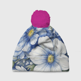 Шапка 3D c помпоном с принтом Голубые акварельные цветы в Санкт-Петербурге, 100% полиэстер | универсальный размер, печать по всей поверхности изделия | 