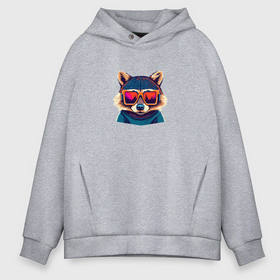 Мужское худи Oversize хлопок с принтом Красочный енот в модных очках в Ухте, френч-терри — 70% хлопок, 30% полиэстер. Мягкий теплый начес внутри —100% хлопок | боковые карманы, эластичные манжеты и нижняя кромка, капюшон на магнитной кнопке | 