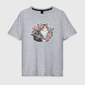 Мужская футболка хлопок Oversize с принтом Полосатая кошка в цветах в Петрозаводске, 100% хлопок | свободный крой, круглый ворот, “спинка” длиннее передней части | 