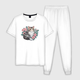 Мужская пижама хлопок с принтом Полосатая кошка в цветах в Петрозаводске, 100% хлопок | брюки и футболка прямого кроя, без карманов, на брюках мягкая резинка на поясе и по низу штанин
 | 