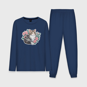 Мужская пижама с лонгсливом хлопок с принтом Полосатая кошка в цветах в Петрозаводске,  |  | 