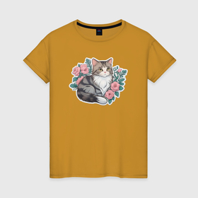 Женская футболка хлопок с принтом Полосатая кошка в цветах в Петрозаводске, 100% хлопок | прямой крой, круглый вырез горловины, длина до линии бедер, слегка спущенное плечо | 
