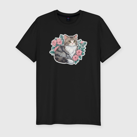 Мужская футболка хлопок Slim с принтом Полосатая кошка в цветах в Петрозаводске, 92% хлопок, 8% лайкра | приталенный силуэт, круглый вырез ворота, длина до линии бедра, короткий рукав | 