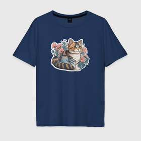 Мужская футболка хлопок Oversize с принтом Полосатая кошка в цветах в Петрозаводске, 100% хлопок | свободный крой, круглый ворот, “спинка” длиннее передней части | 