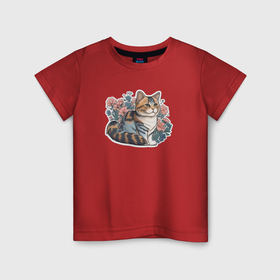 Детская футболка хлопок с принтом Полосатая кошка в цветах в Петрозаводске, 100% хлопок | круглый вырез горловины, полуприлегающий силуэт, длина до линии бедер | Тематика изображения на принте: 