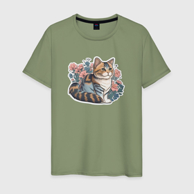 Мужская футболка хлопок с принтом Полосатая кошка в цветах в Екатеринбурге, 100% хлопок | прямой крой, круглый вырез горловины, длина до линии бедер, слегка спущенное плечо. | 