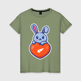 Женская футболка хлопок с принтом Кролик и сердечко , 100% хлопок | прямой крой, круглый вырез горловины, длина до линии бедер, слегка спущенное плечо | 