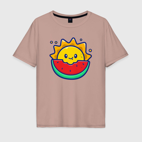 Мужская футболка хлопок Oversize с принтом Солнышко ест арбуз в Курске, 100% хлопок | свободный крой, круглый ворот, “спинка” длиннее передней части | 
