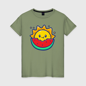 Женская футболка хлопок с принтом Солнышко ест арбуз в Тюмени, 100% хлопок | прямой крой, круглый вырез горловины, длина до линии бедер, слегка спущенное плечо | 