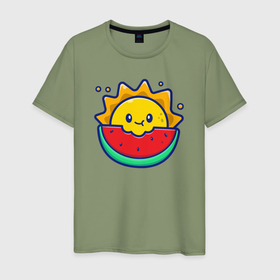 Мужская футболка хлопок с принтом Солнышко ест арбуз в Кировске, 100% хлопок | прямой крой, круглый вырез горловины, длина до линии бедер, слегка спущенное плечо. | 
