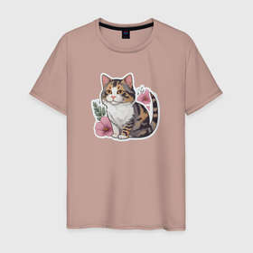 Мужская футболка хлопок с принтом Полосатый котенок в цветах в Екатеринбурге, 100% хлопок | прямой крой, круглый вырез горловины, длина до линии бедер, слегка спущенное плечо. | 