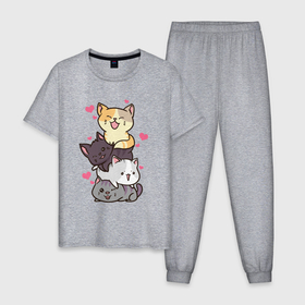 Мужская пижама хлопок с принтом Радостные котики , 100% хлопок | брюки и футболка прямого кроя, без карманов, на брюках мягкая резинка на поясе и по низу штанин
 | 