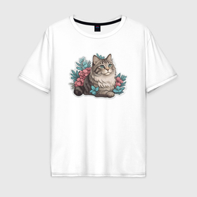 Мужская футболка хлопок Oversize с принтом Полосатый котик в цветах в Тюмени, 100% хлопок | свободный крой, круглый ворот, “спинка” длиннее передней части | 
