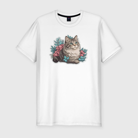 Мужская футболка хлопок Slim с принтом Полосатый котик в цветах в Тюмени, 92% хлопок, 8% лайкра | приталенный силуэт, круглый вырез ворота, длина до линии бедра, короткий рукав | 