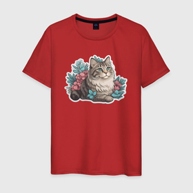 Мужская футболка хлопок с принтом Полосатый котик в цветах в Белгороде, 100% хлопок | прямой крой, круглый вырез горловины, длина до линии бедер, слегка спущенное плечо. | 