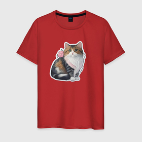 Мужская футболка хлопок с принтом Полосатая кошка с цветком в Екатеринбурге, 100% хлопок | прямой крой, круглый вырез горловины, длина до линии бедер, слегка спущенное плечо. | 