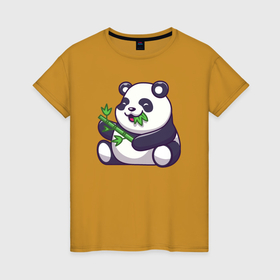 Женская футболка хлопок с принтом Панда ест бамбук в Санкт-Петербурге, 100% хлопок | прямой крой, круглый вырез горловины, длина до линии бедер, слегка спущенное плечо | 