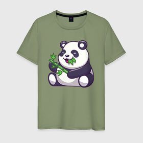 Мужская футболка хлопок с принтом Панда ест бамбук в Санкт-Петербурге, 100% хлопок | прямой крой, круглый вырез горловины, длина до линии бедер, слегка спущенное плечо. | 