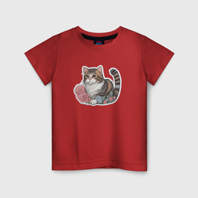 Детская футболка хлопок с принтом Полосатый котенок в цветах в Кировске, 100% хлопок | круглый вырез горловины, полуприлегающий силуэт, длина до линии бедер | 