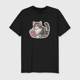 Мужская футболка хлопок Slim с принтом Полосатый котенок в цветах , 92% хлопок, 8% лайкра | приталенный силуэт, круглый вырез ворота, длина до линии бедра, короткий рукав | 