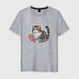 Мужская футболка хлопок с принтом Полосатый котенок в цветах в Санкт-Петербурге, 100% хлопок | прямой крой, круглый вырез горловины, длина до линии бедер, слегка спущенное плечо. | 