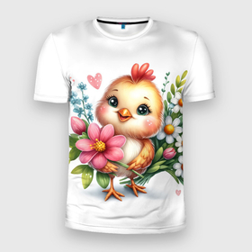 Мужская футболка 3D Slim с принтом Мультяшный цыпленок с цветами в Белгороде, 100% полиэстер с улучшенными характеристиками | приталенный силуэт, круглая горловина, широкие плечи, сужается к линии бедра | 