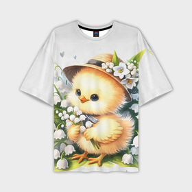 Мужская футболка oversize 3D с принтом Мультяшный цыпленок с цветами ландыша в Курске,  |  | Тематика изображения на принте: 