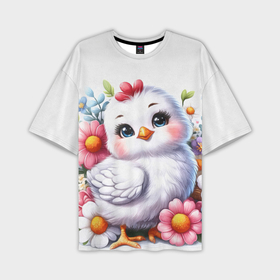 Мужская футболка oversize 3D с принтом Мультяшная курица с цветами акварелью в Курске,  |  | Тематика изображения на принте: 