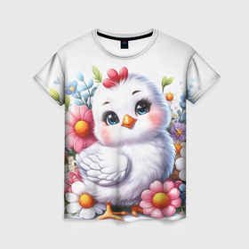 Женская футболка 3D с принтом Мультяшная курица с цветами акварелью в Тюмени, 100% полиэфир ( синтетическое хлопкоподобное полотно) | прямой крой, круглый вырез горловины, длина до линии бедер | 