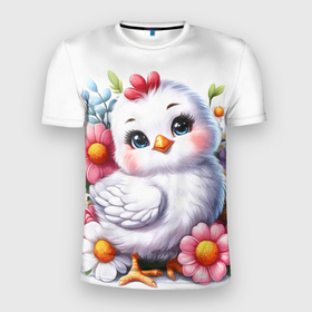 Мужская футболка 3D Slim с принтом Мультяшная курица с цветами акварелью в Новосибирске, 100% полиэстер с улучшенными характеристиками | приталенный силуэт, круглая горловина, широкие плечи, сужается к линии бедра | 
