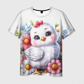 Мужская футболка 3D с принтом Мультяшная курица с цветами акварелью в Курске, 100% полиэфир | прямой крой, круглый вырез горловины, длина до линии бедер | 