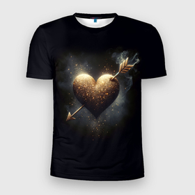 Мужская футболка 3D Slim с принтом Золотое сердце   стрела в Кировске, 100% полиэстер с улучшенными характеристиками | приталенный силуэт, круглая горловина, широкие плечи, сужается к линии бедра | 