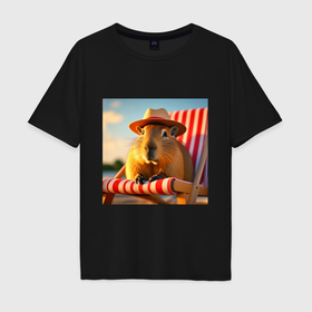 Мужская футболка хлопок Oversize с принтом Капибара в панамке на шезлонге отдыхает летом , 100% хлопок | свободный крой, круглый ворот, “спинка” длиннее передней части | 