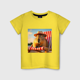 Детская футболка хлопок с принтом Капибара в панамке на шезлонге отдыхает летом в Курске, 100% хлопок | круглый вырез горловины, полуприлегающий силуэт, длина до линии бедер | 