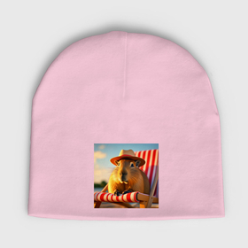 Мужская шапка демисезонная с принтом Капибара в панамке на шезлонге отдыхает летом в Кировске,  |  | Тематика изображения на принте: 