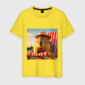 Мужская футболка хлопок с принтом Капибара в панамке на шезлонге отдыхает летом в Курске, 100% хлопок | прямой крой, круглый вырез горловины, длина до линии бедер, слегка спущенное плечо. | 