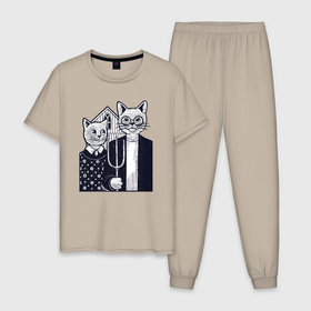 Мужская пижама хлопок с принтом Котикова готика в Тюмени, 100% хлопок | брюки и футболка прямого кроя, без карманов, на брюках мягкая резинка на поясе и по низу штанин
 | Тематика изображения на принте: 