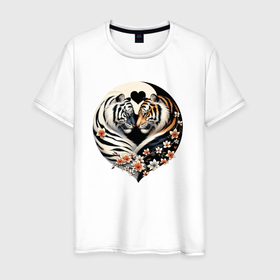 Мужская футболка хлопок с принтом Тигры   Инь янь в Белгороде, 100% хлопок | прямой крой, круглый вырез горловины, длина до линии бедер, слегка спущенное плечо. | Тематика изображения на принте: 