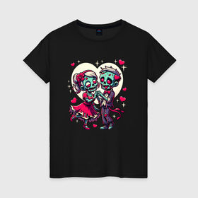 Женская футболка хлопок с принтом Пара зомби   любовь в Новосибирске, 100% хлопок | прямой крой, круглый вырез горловины, длина до линии бедер, слегка спущенное плечо | 
