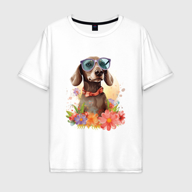 Мужская футболка хлопок Oversize с принтом Такса в очках в окружении цветов в Санкт-Петербурге, 100% хлопок | свободный крой, круглый ворот, “спинка” длиннее передней части | Тематика изображения на принте: 