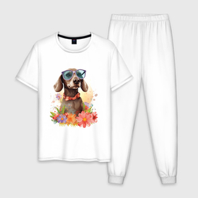 Мужская пижама хлопок с принтом Такса в очках в окружении цветов в Тюмени, 100% хлопок | брюки и футболка прямого кроя, без карманов, на брюках мягкая резинка на поясе и по низу штанин
 | 
