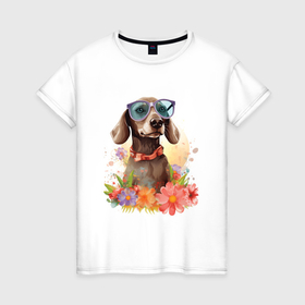 Женская футболка хлопок с принтом Такса в очках в окружении цветов в Тюмени, 100% хлопок | прямой крой, круглый вырез горловины, длина до линии бедер, слегка спущенное плечо | Тематика изображения на принте: 
